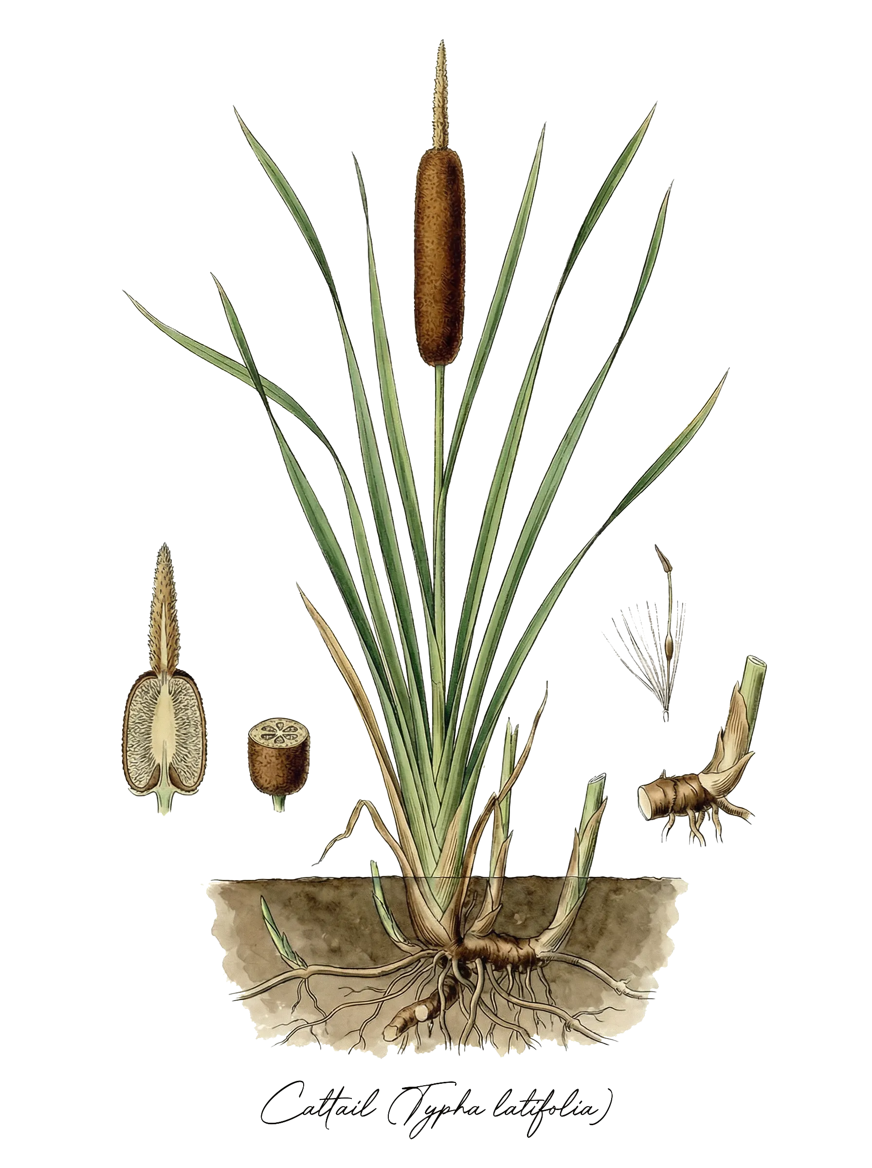 Botanical illustration of Cattail (Typha latifolia)